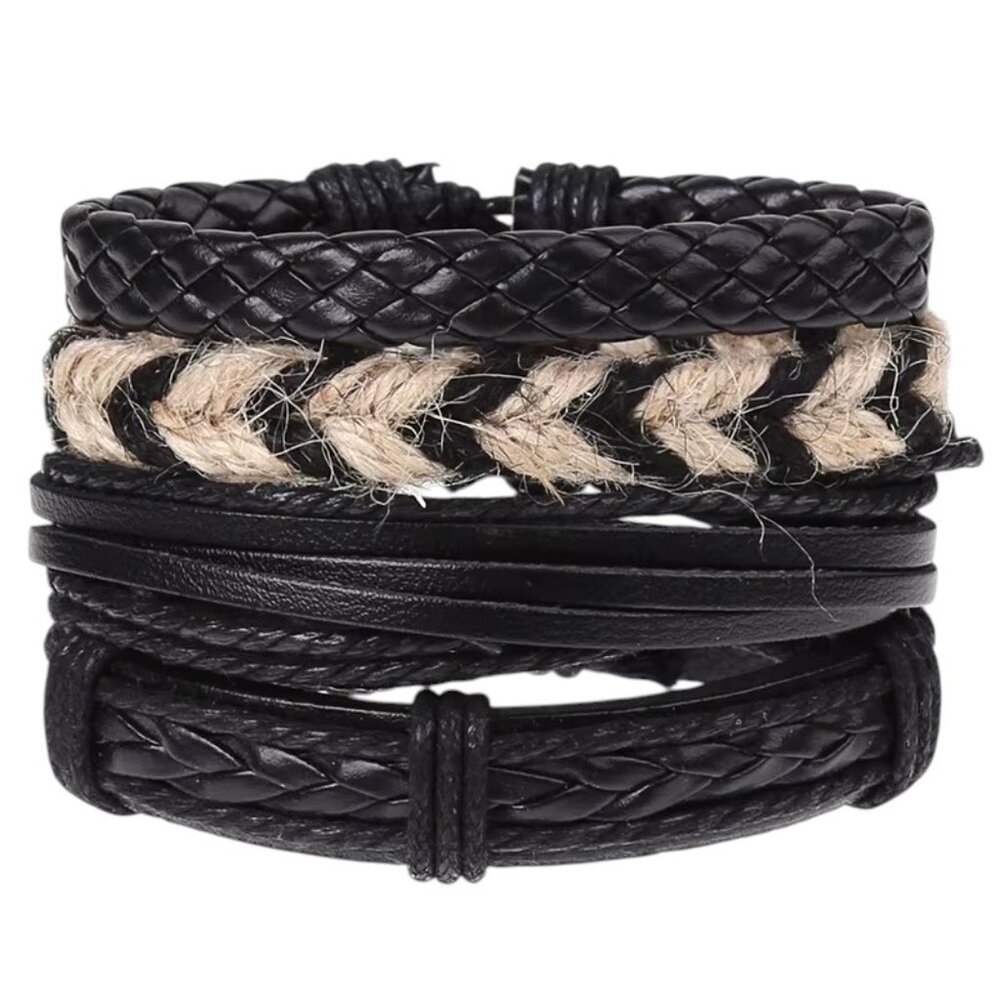 Men’s Black & Natural Braided Bracelet Set – 4 Pcs